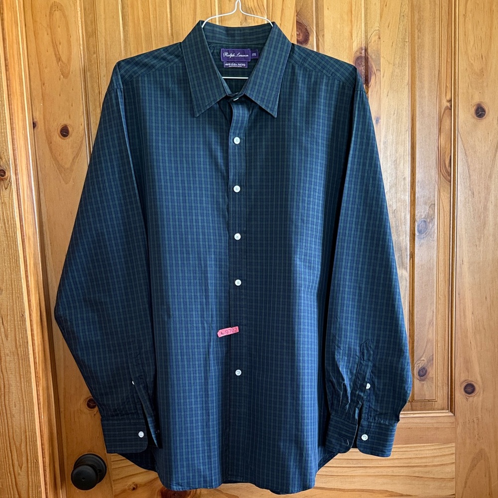 RL Purple Label Dark Blue Plaid Button Down Shirt 100% Cotton 140/2ply